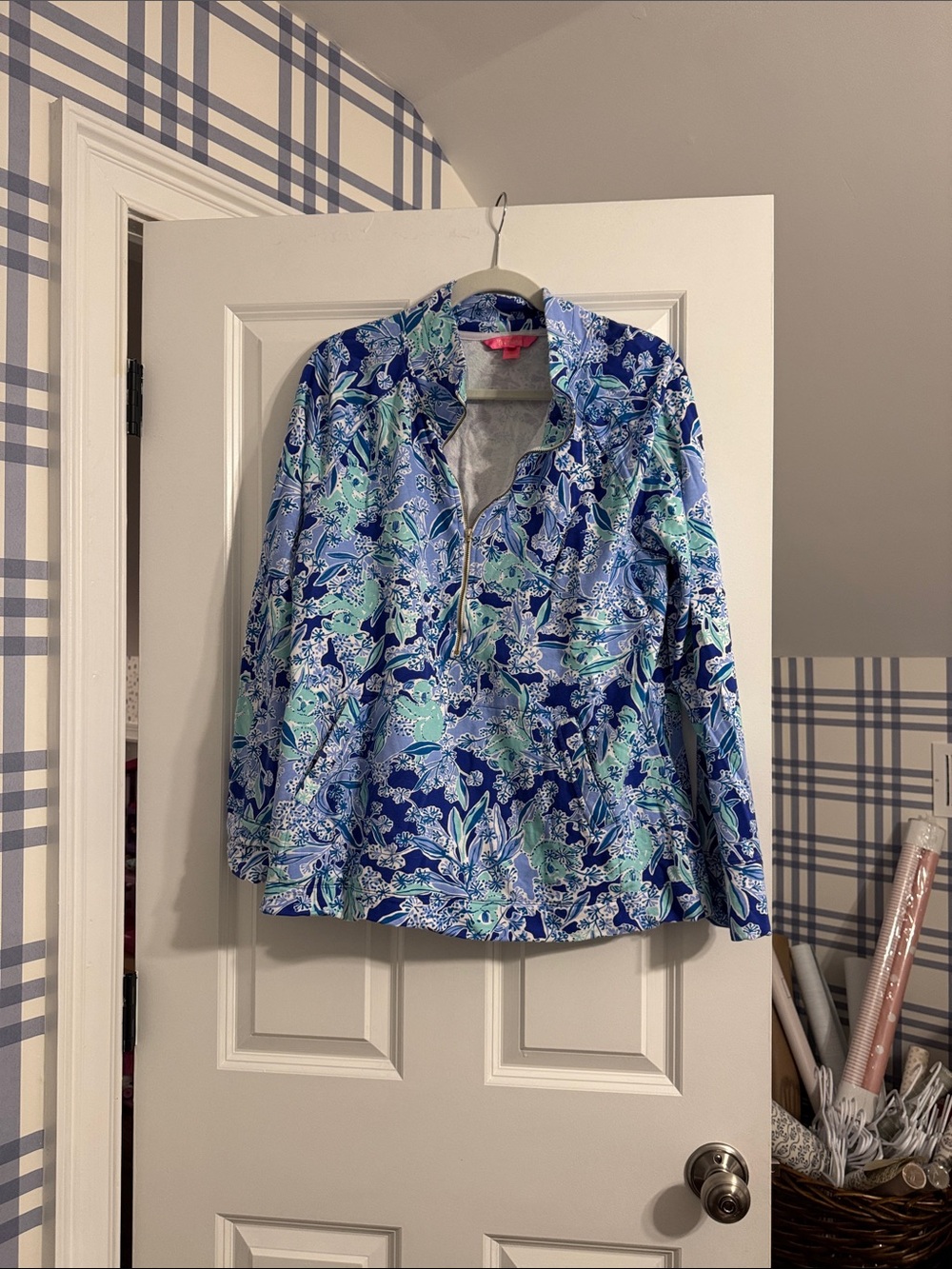 Lilly Pulitzer Blue Floral Pullover Shirt with Mint Accents